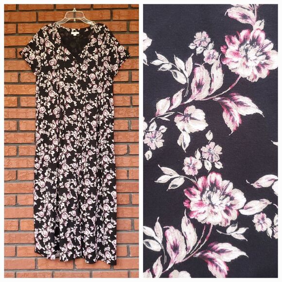 J. Jill Dresses & Skirts - J Jill Button Front Maxi Dress Sz Large Black Pink Floral Pima Cotton Blend Knit